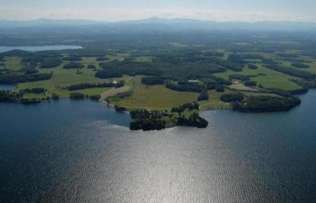 - An aerial view of the 1,400-acre Shelburne Farms on the shores of Lake Champlain.
